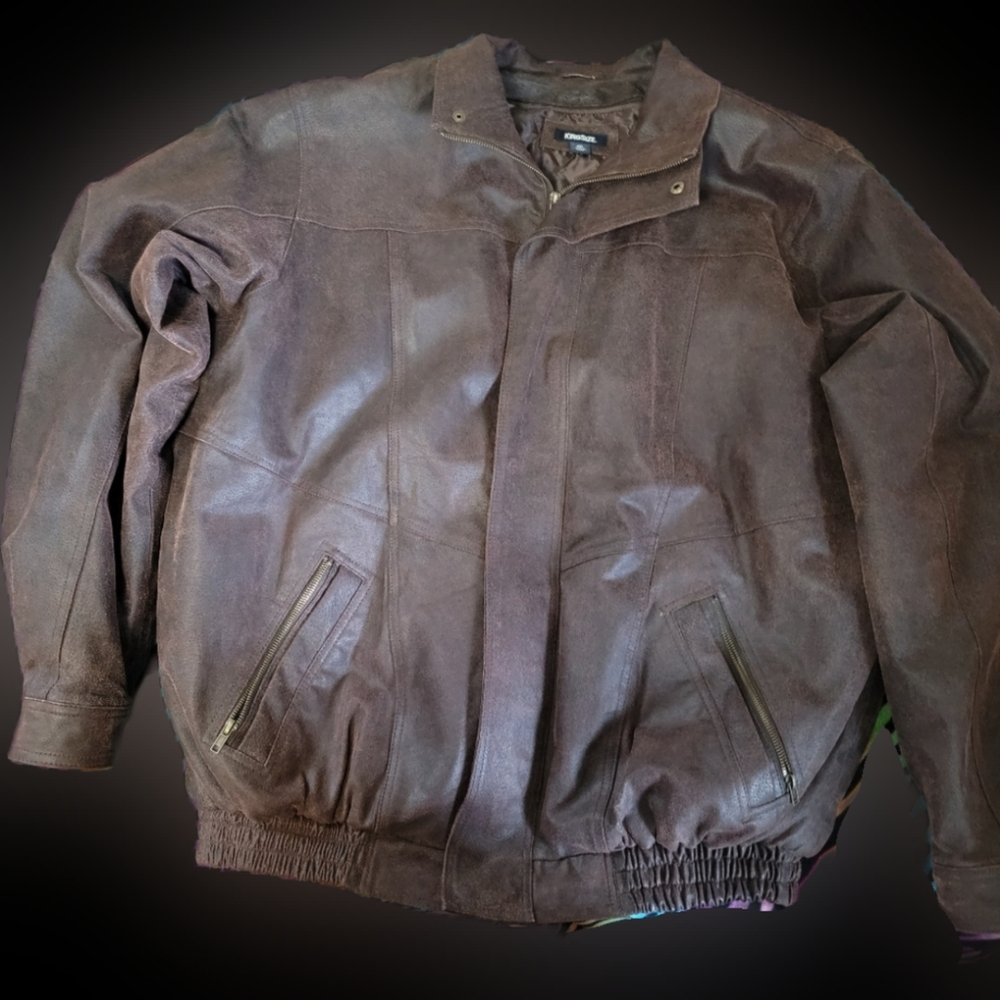 Mens King Size Brown Brushed Leather bomber lined jacket 2XLT